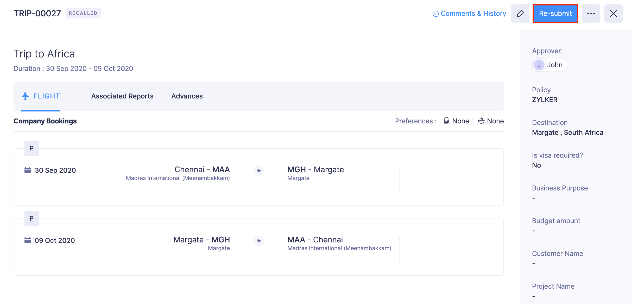 Recall Submitted Trip