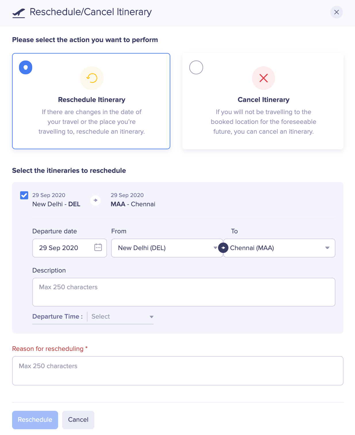 Reschedule Itinerary