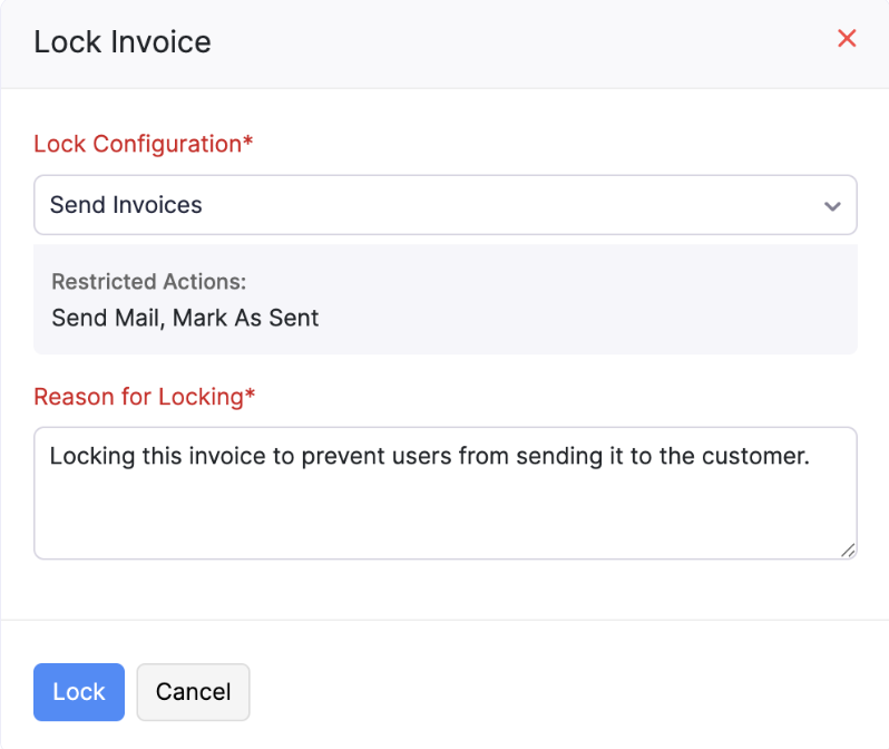 The Lock Record pop-up. Select the Lock Configuration and enter the Reason for Locking to a lock a record.