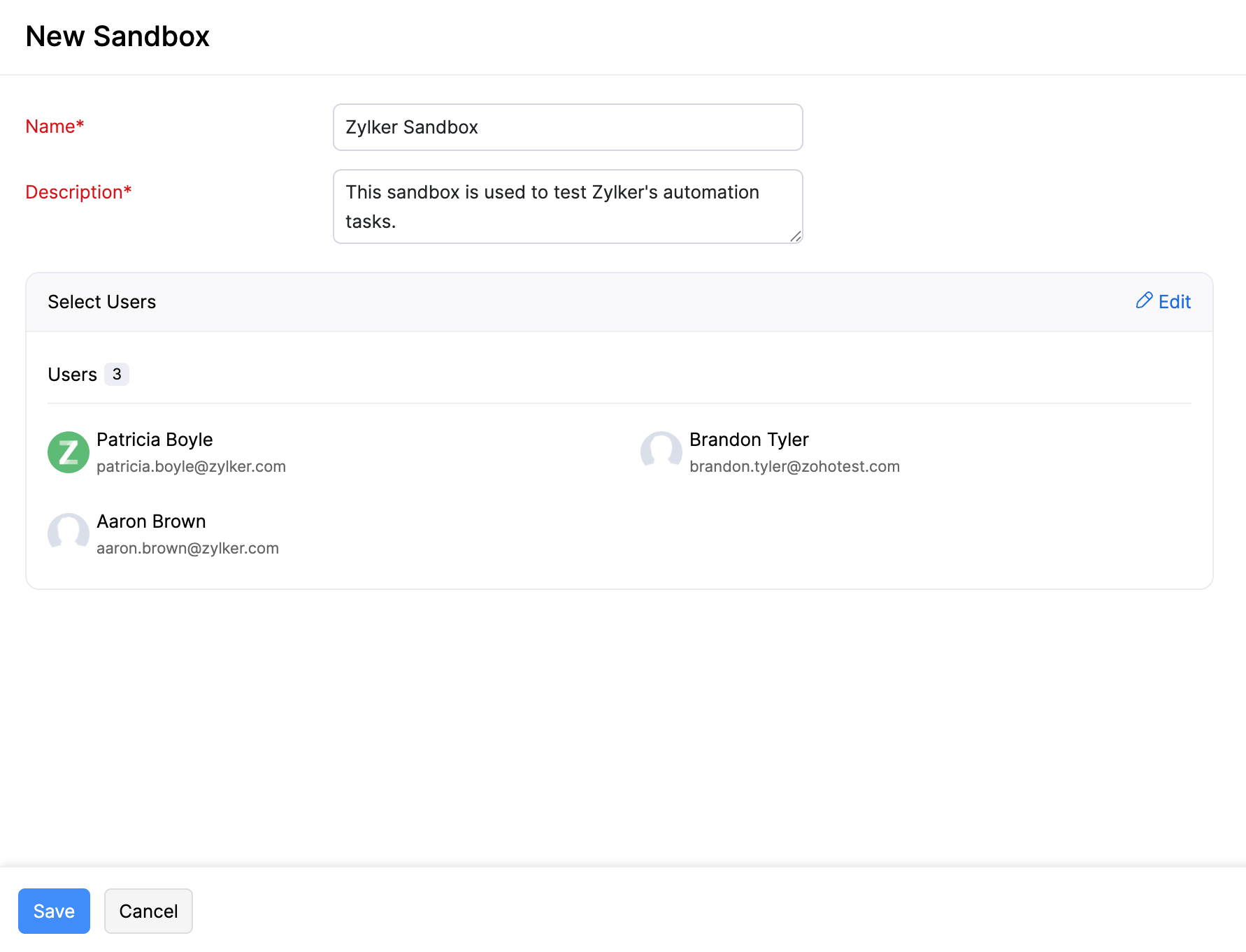 The New Sandbox page. Enter the sandbox's Name and Description and select the users who can access it.