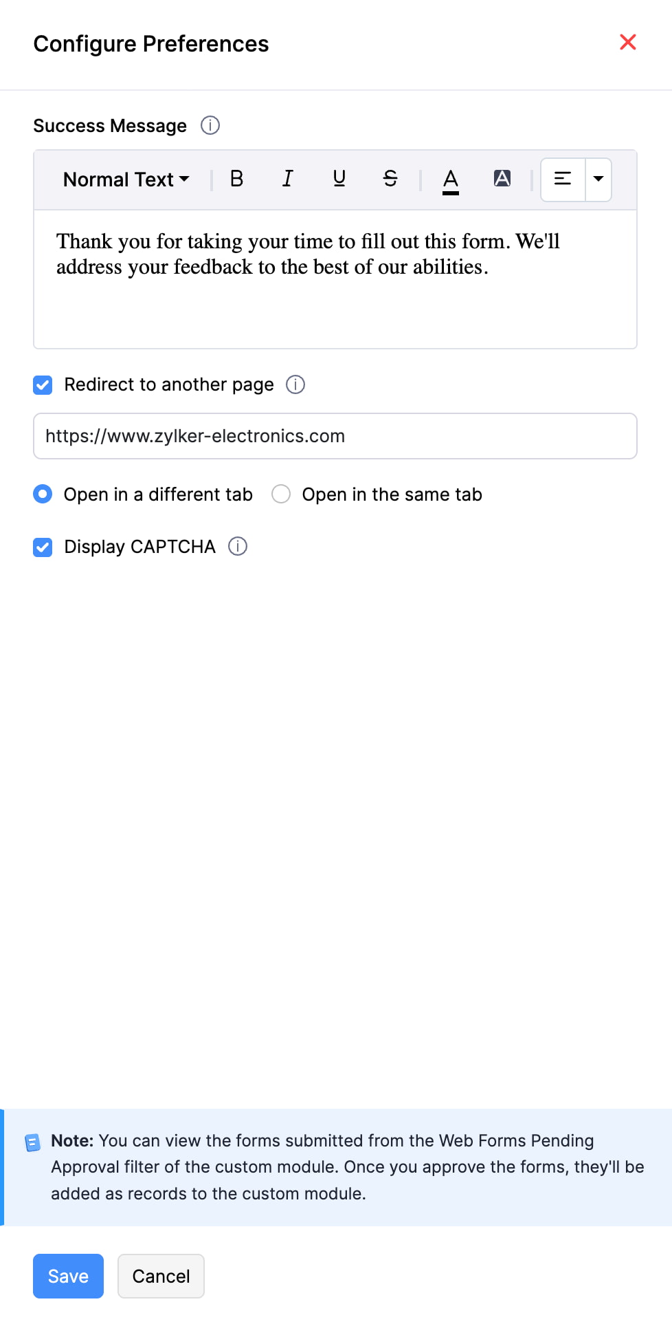 The Configure Preferences page of a website for adding a success message, redirection, and CAPTCHA.
