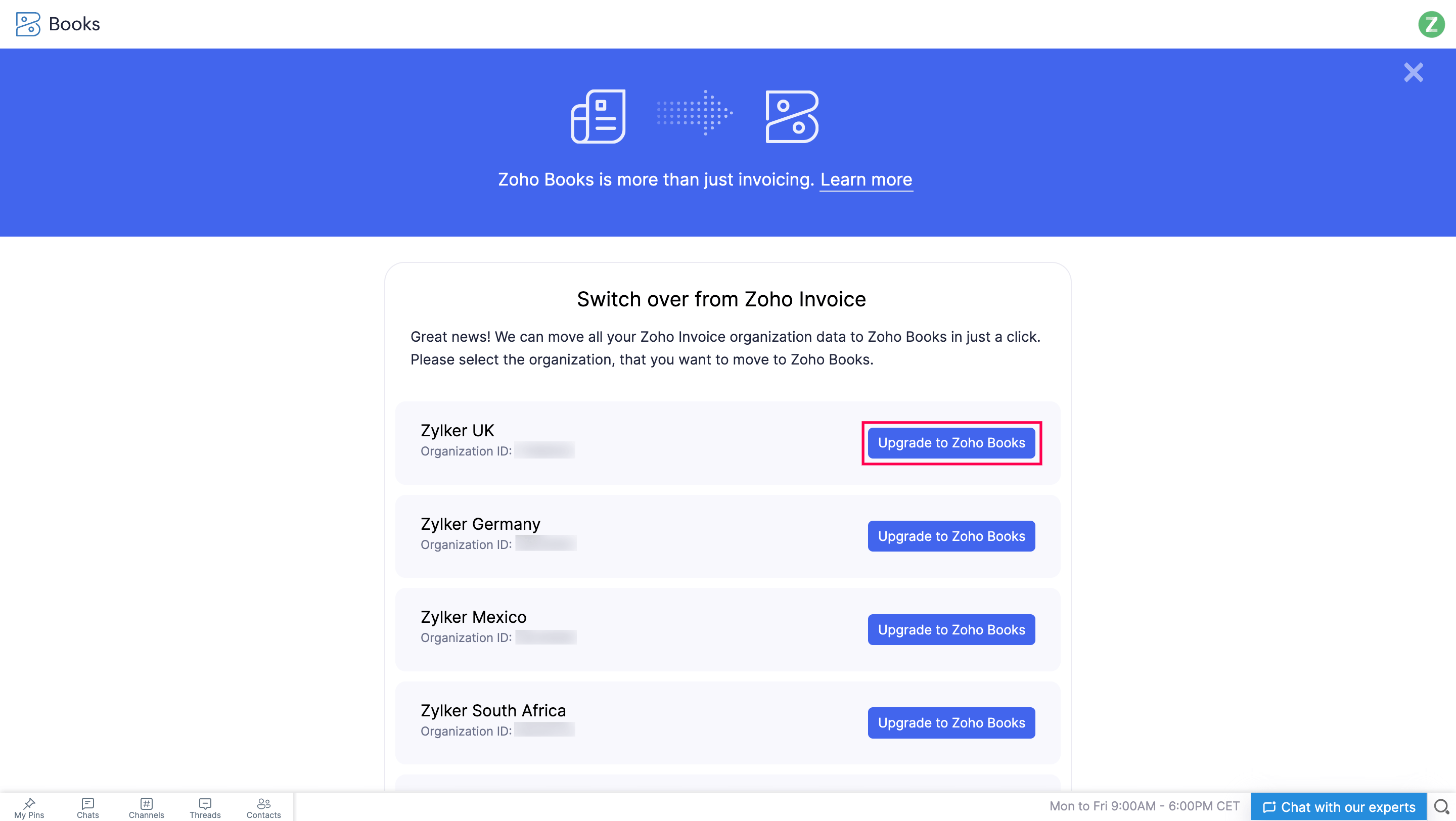 Upgrade to Zoho Books