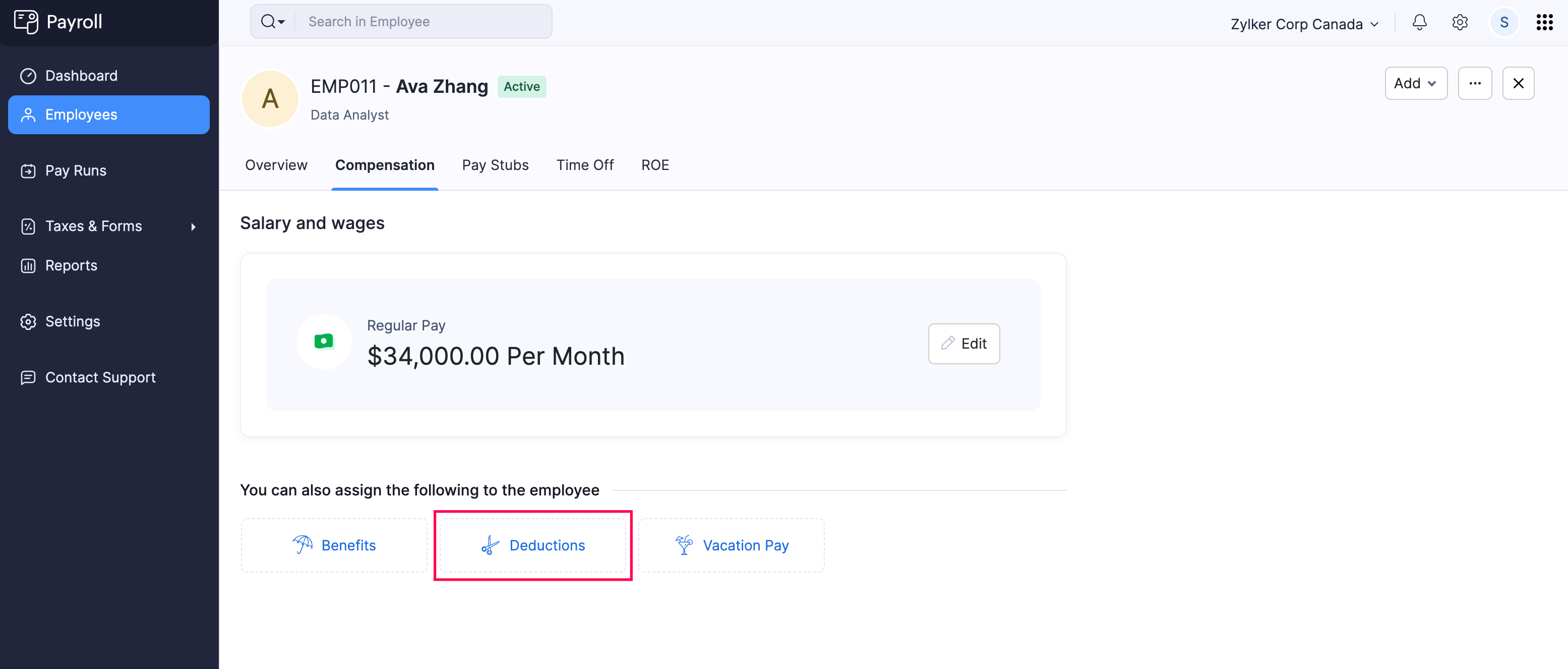 Add Deduction for Employee Button