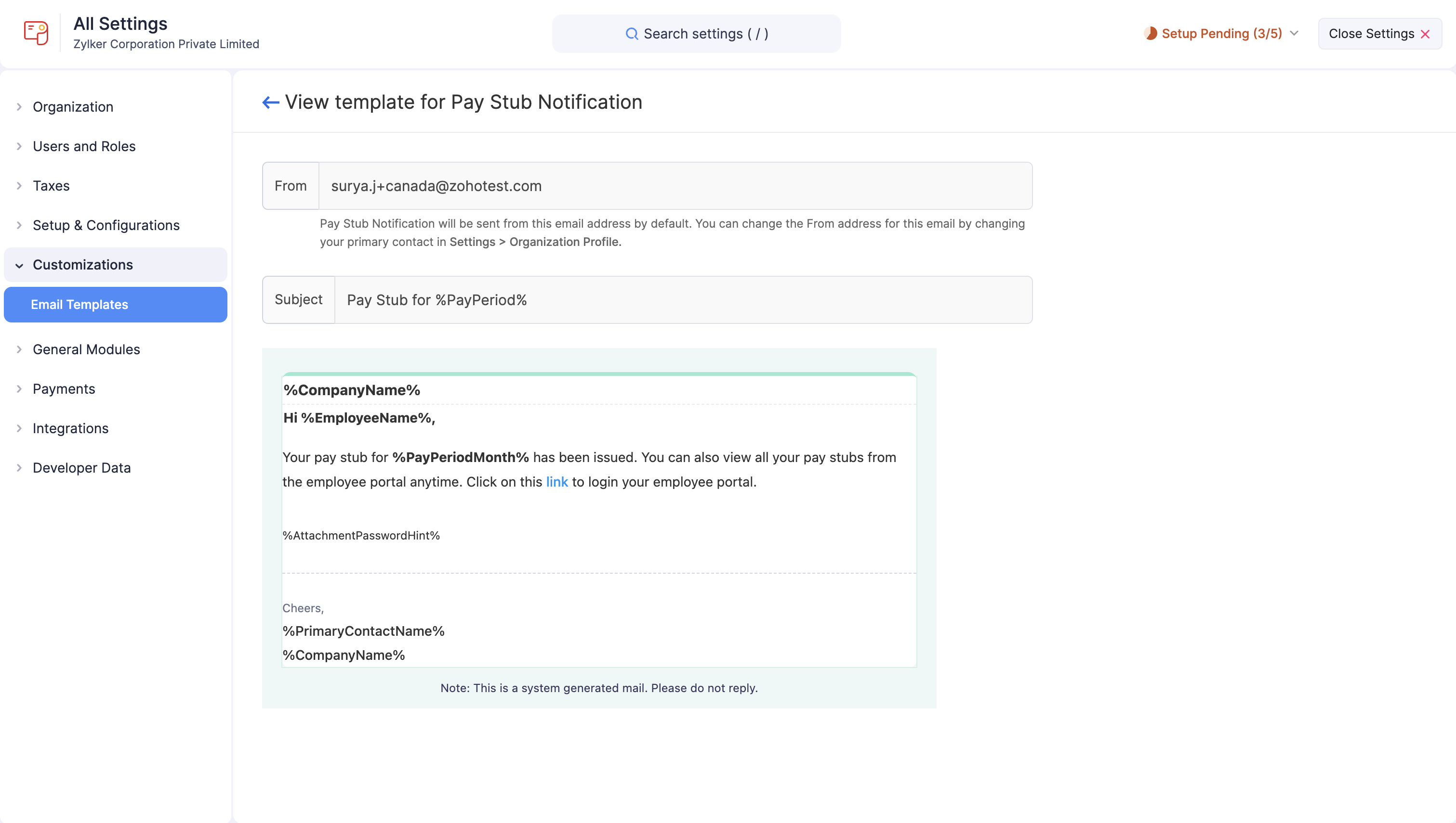 Edit Email Templates in Zoho Payroll
