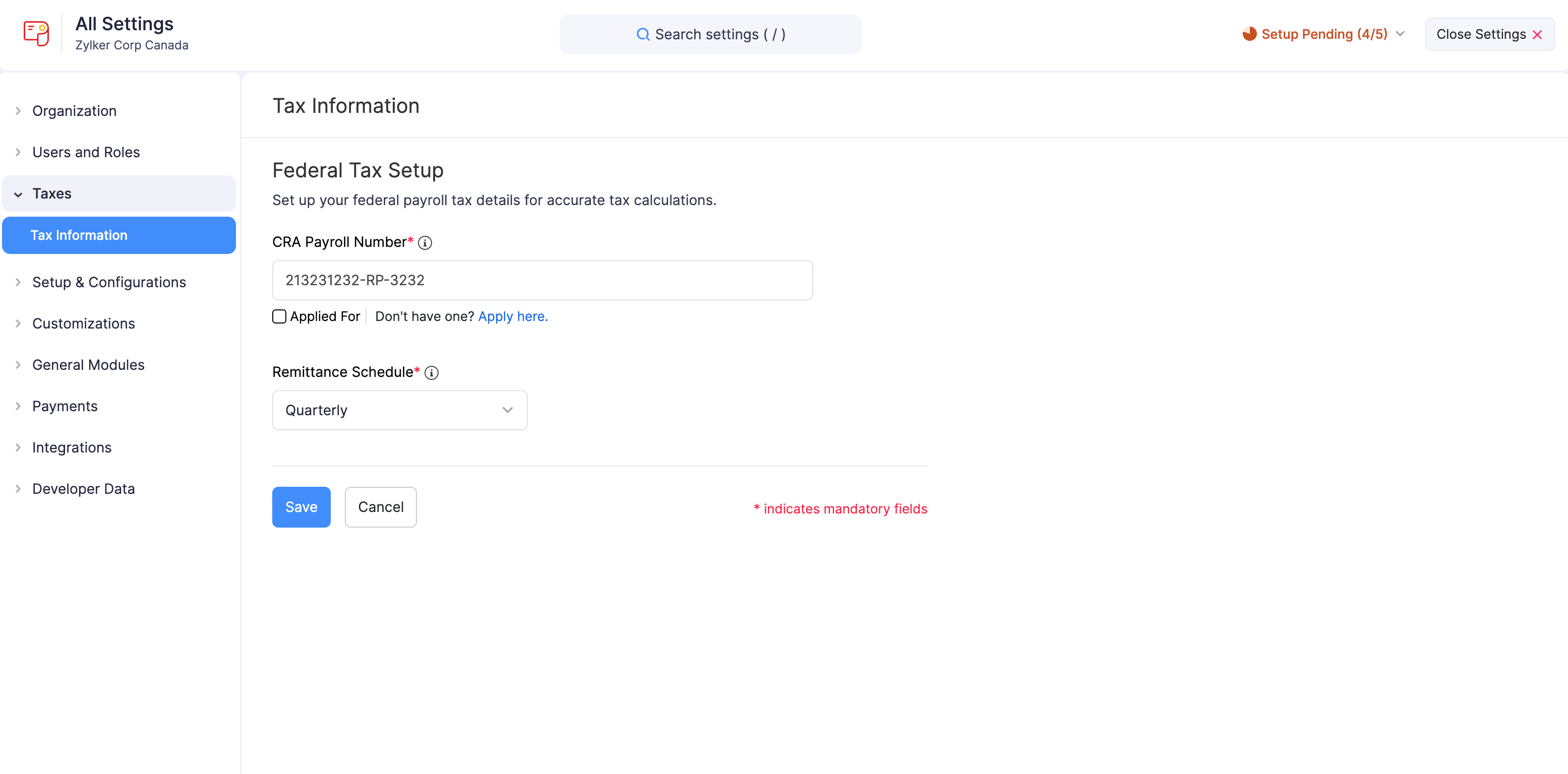 Enter the Details to Configure Federal Tax Information