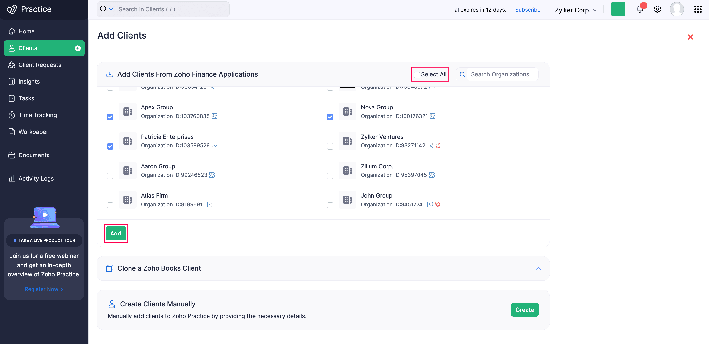 Add Existing Zoho Finance Clients