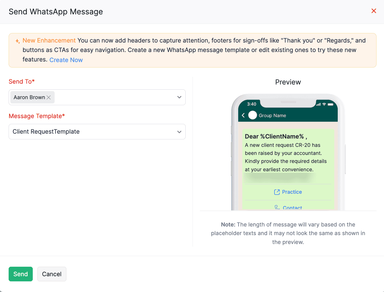 Send Client Request Notification Pop-up