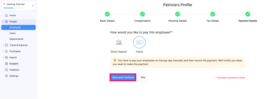 Add Payment Details for Employee