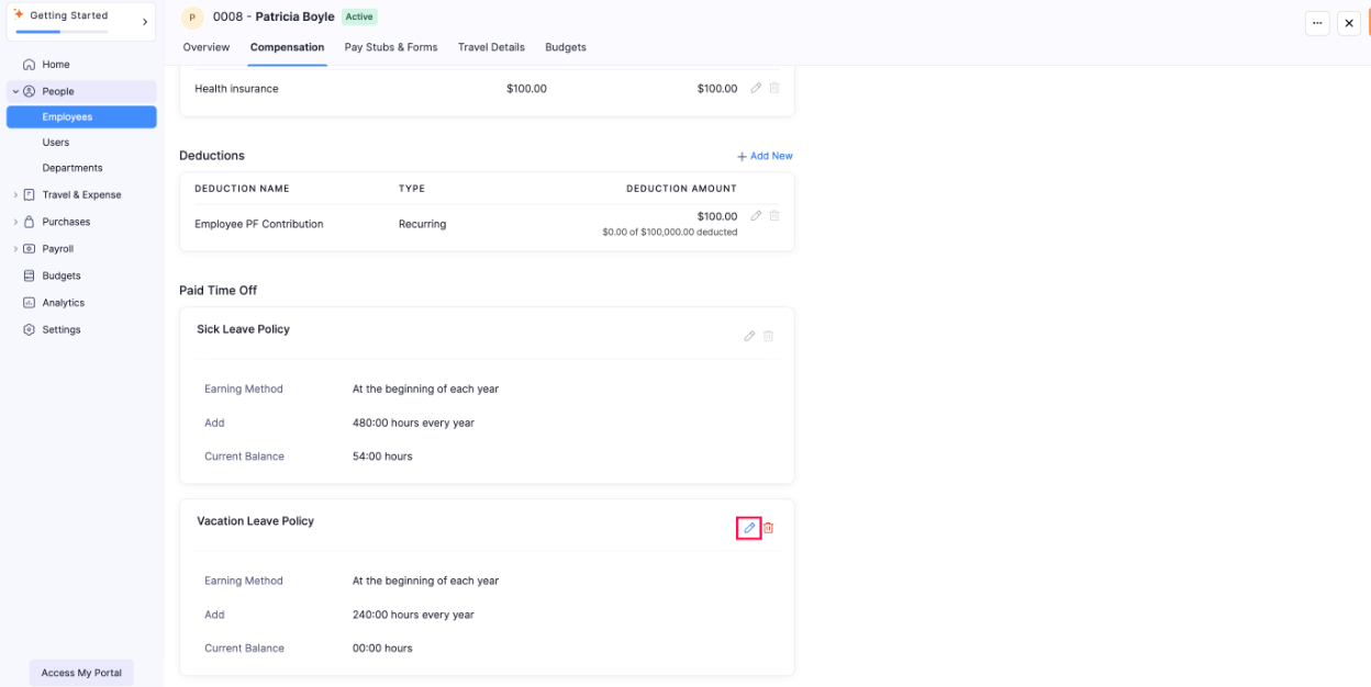 Edit the Vacation Leave Policy of this Employee