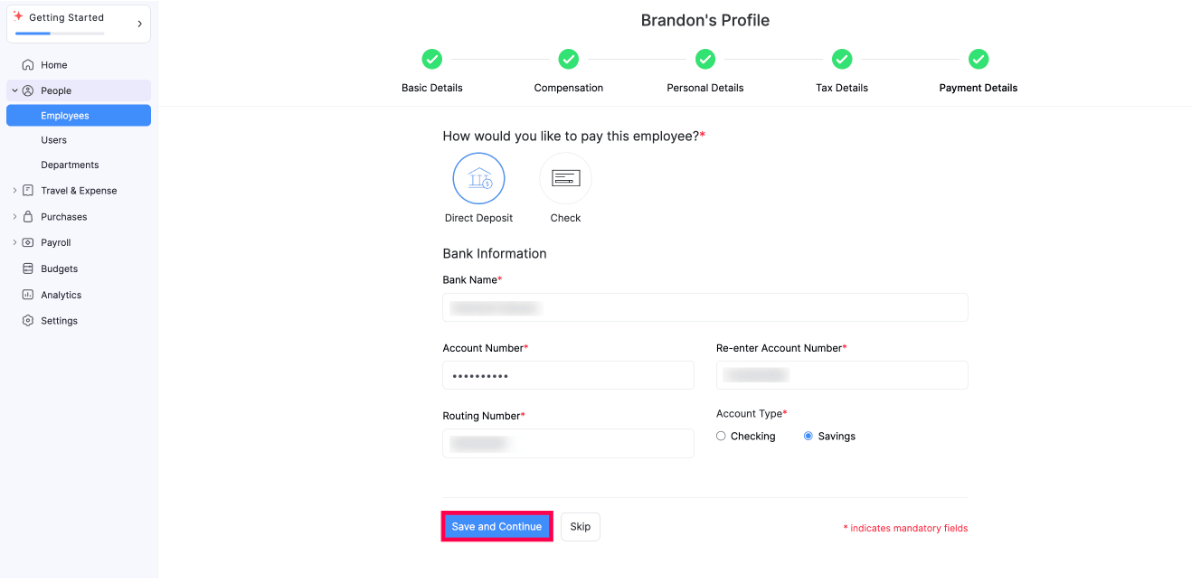 Add Payment Details for Employee