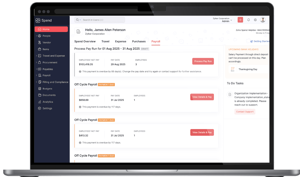 Payroll dashboard in Zoho Spend